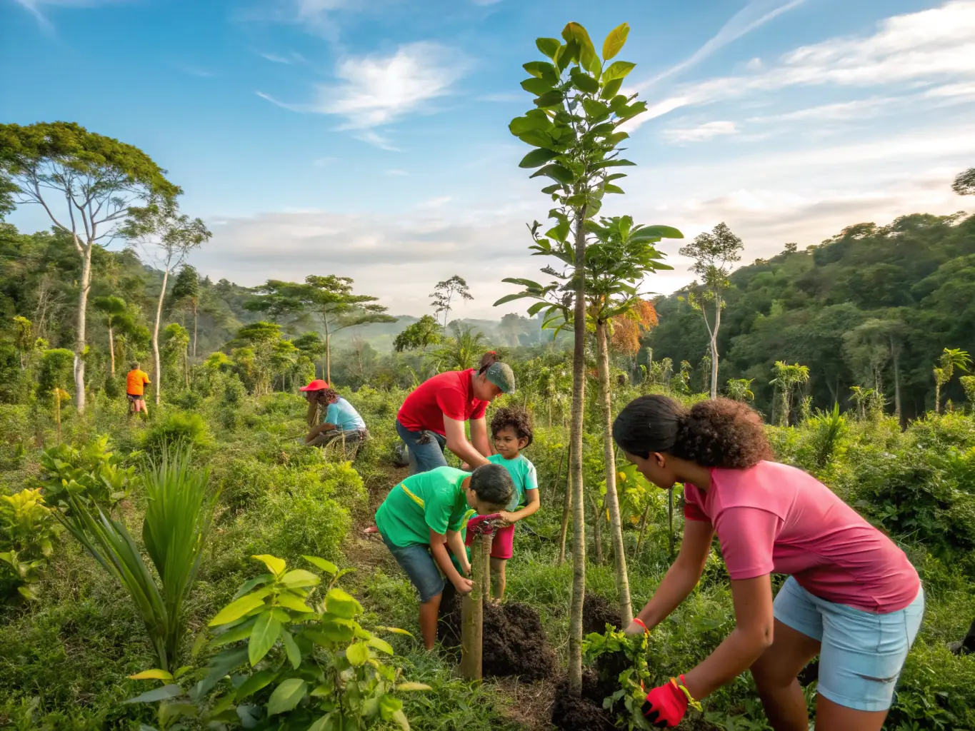 A vibrant image depicting volunteers planting trees in a deforested area, symbolizing LES JOURNEES COSTE's commitment to reforestation and habitat restoration.