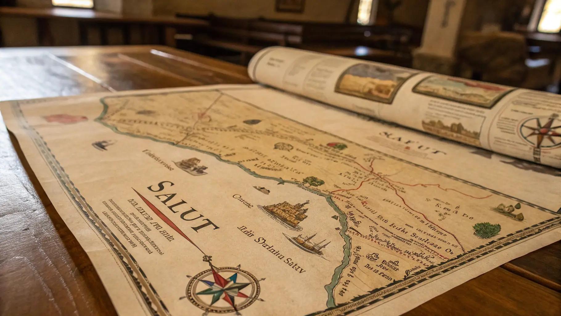 A vintage map with scientific notations and historical landmarks, symbolizing the blend of scientific and historical knowledge.